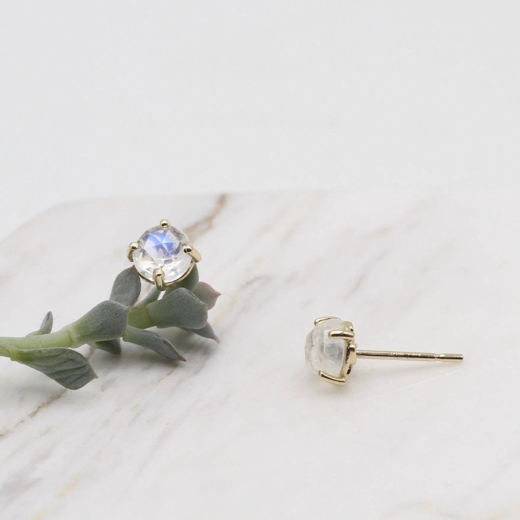 14k Yellow Gold and Rainbow Moonstone Stud Earring