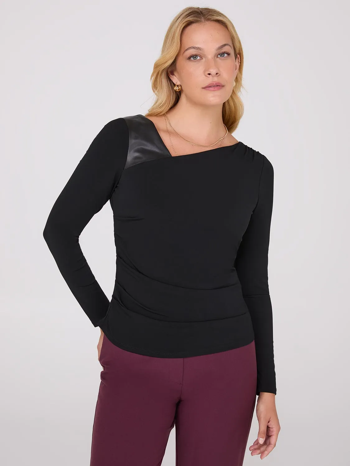 Asymmetrical Neckline Top With Faux Leather Detail