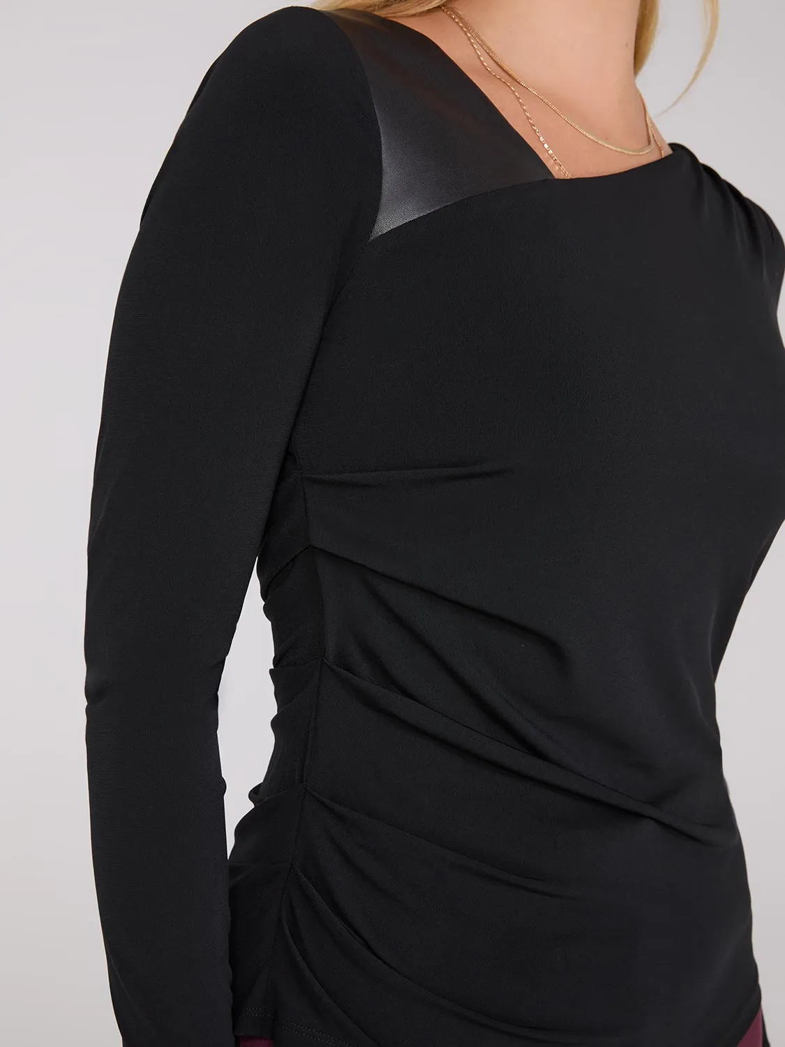 Asymmetrical Neckline Top With Faux Leather Detail