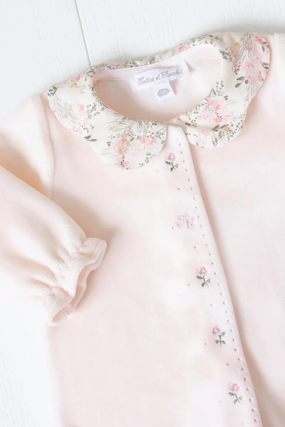 Babygrow - Velour Pale Pink Flowery Garden