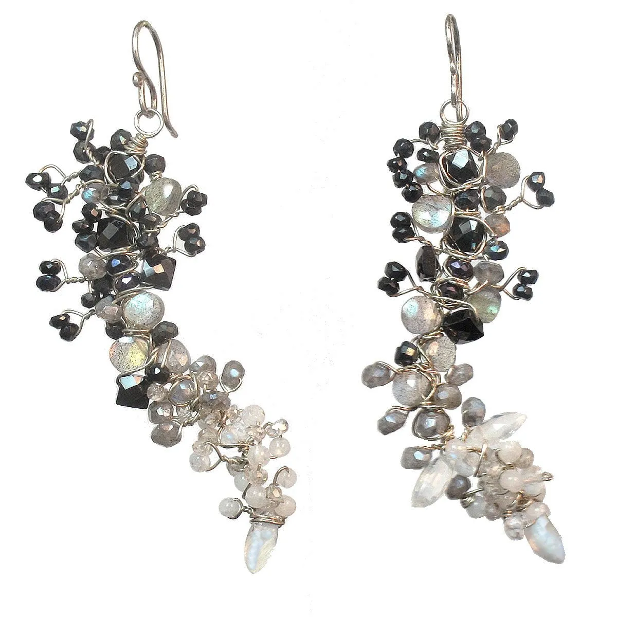 Black Spinel Labradorite Pearl and Moonstone Earrings GNV104 by Calico Juno Designs, Bonnie Riconda