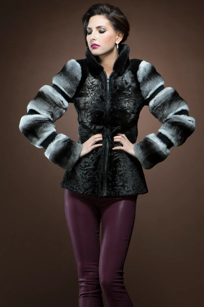 Black Swakara, Chinchilla and Mink Fur Jacket