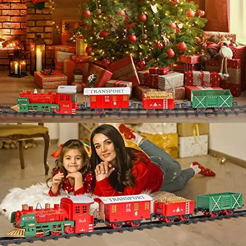 GARVEE Electric Train Set for Boys Girls, Christmas Train Set with Real Smoke, Sounds & Lights, Classic Toy Train with Steam Locomotive Engine, 3 Train Cars and 10 Tracks