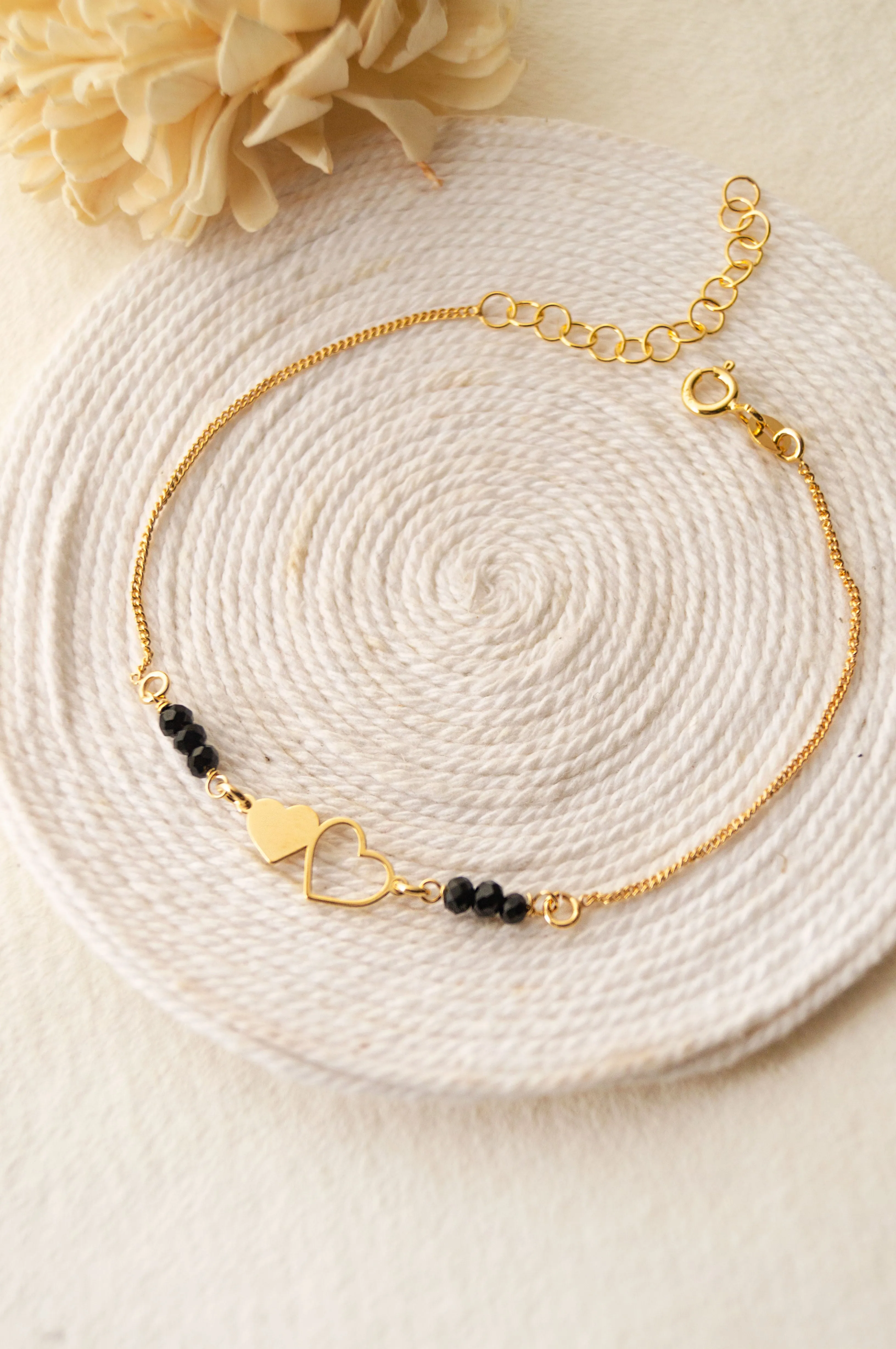 Hearts With Black Beads Gold Plated Sterling Silver Chain Bracelet