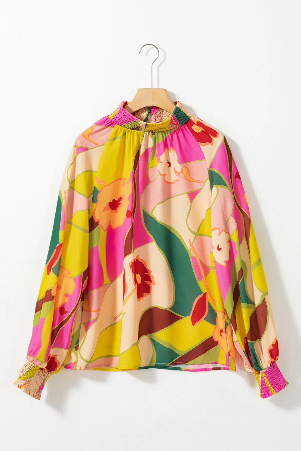 Multicolor Floral Print Smocked Hem Stand Neck Blouse