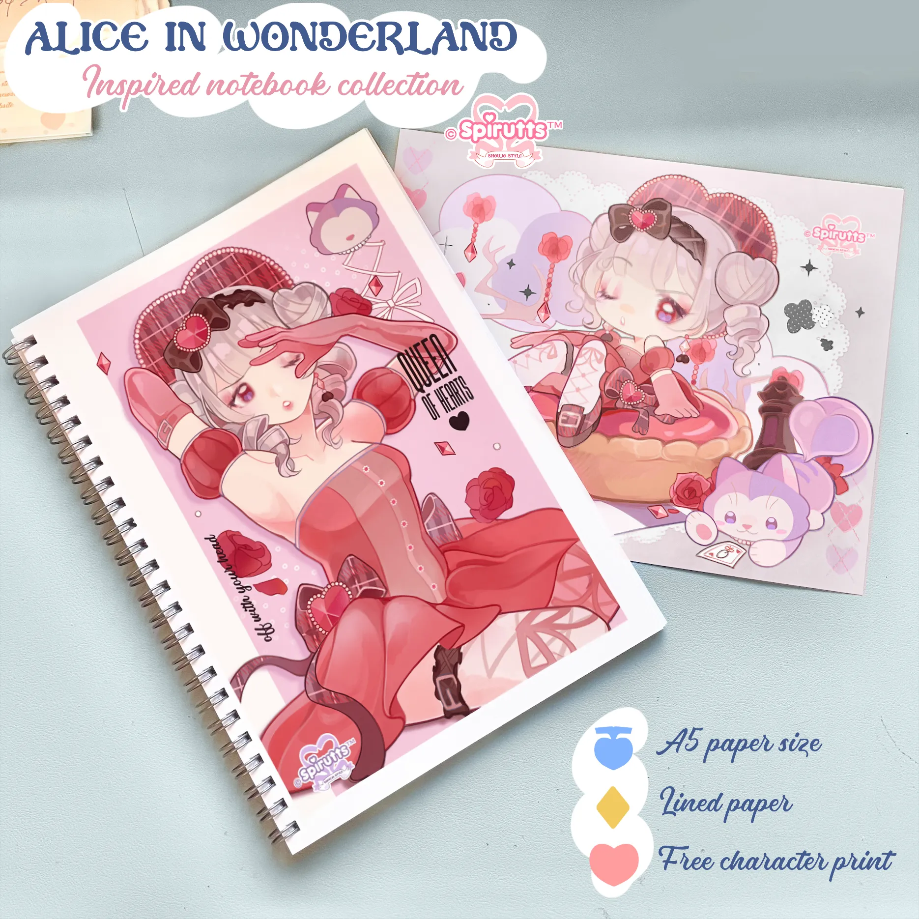 NOTEBOOK(s) - Retro-inspired Alice in Wonderland! - Blank paper / size: A5 / Spiral Binder / Comes with chibi illustration print