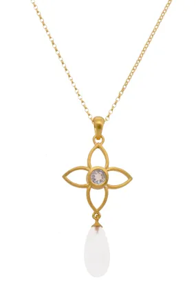 Rainbow Moonstone Matte Joy Flower Pendant 20MM With Drop 24K Gold Vermeil