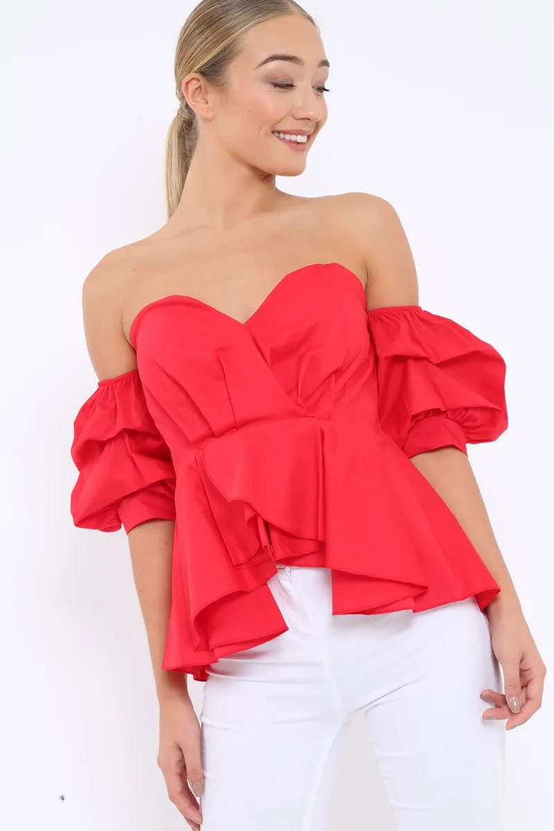 Red Sweet Heart Bardot Top with Ruched Sleeves - Kinza