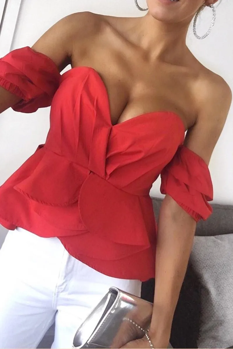 Red Sweet Heart Bardot Top with Ruched Sleeves - Kinza