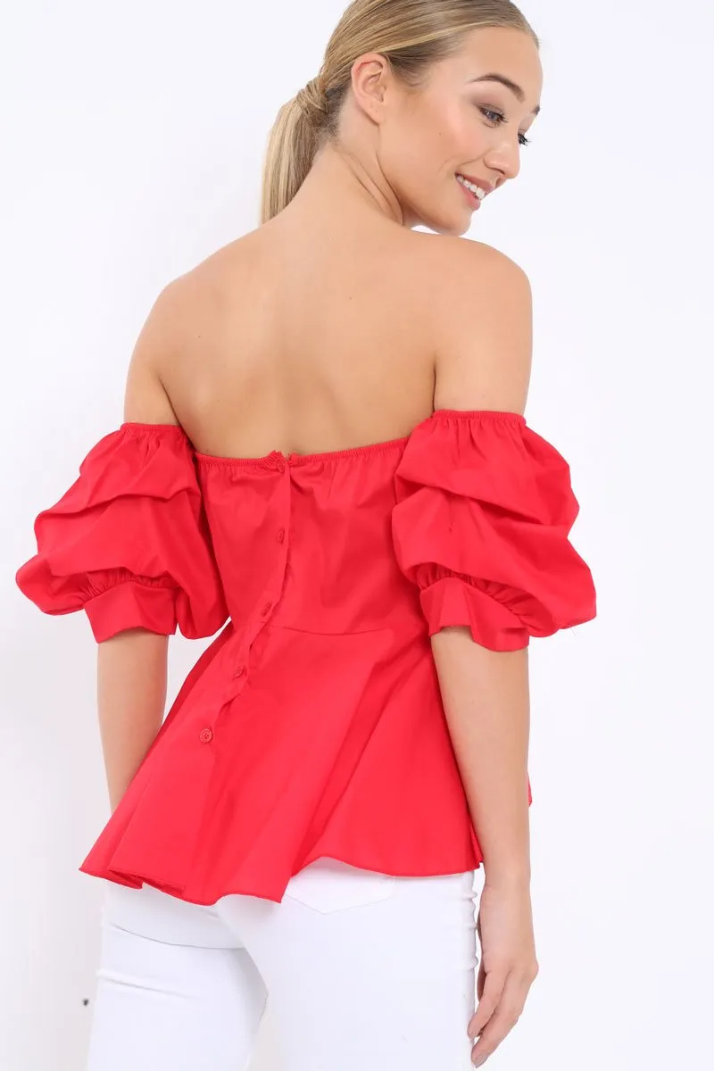 Red Sweet Heart Bardot Top with Ruched Sleeves - Kinza