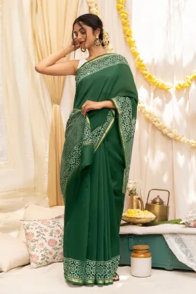 Teejh Chayaa Bottle Green Block Print Chanderi Silk Saree