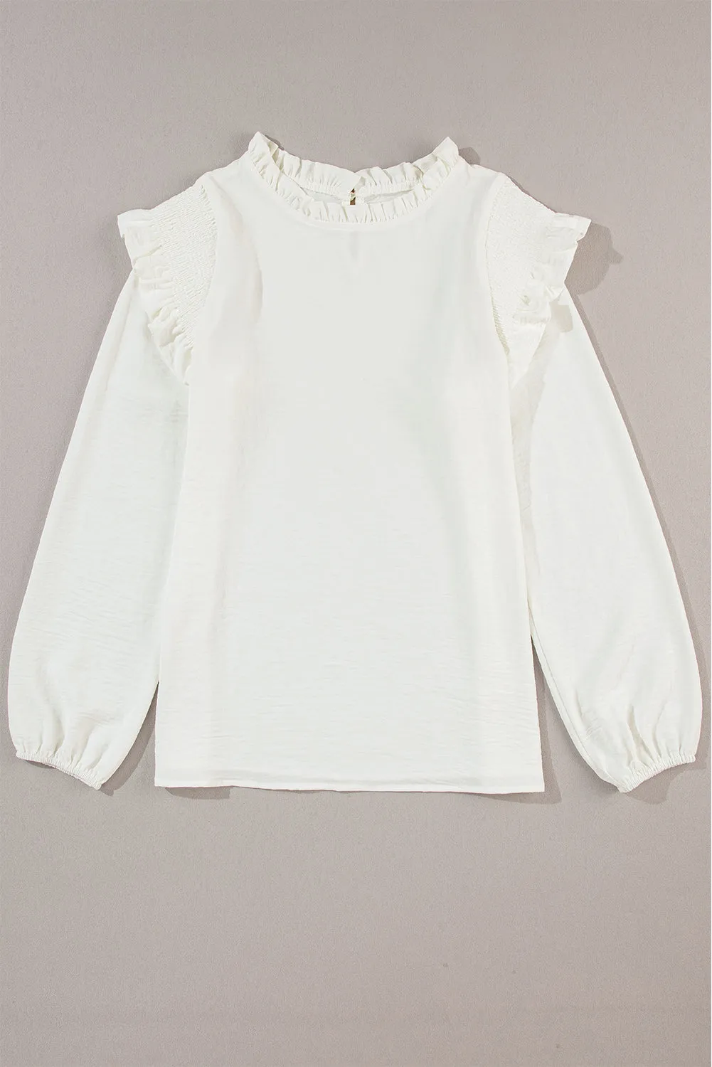 White Frilled Neck Ruffled Trim Bubble Sleeve Blouse