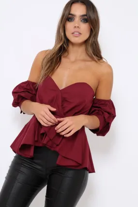 Wine Sweet Heart Bardot Top with Ruched Sleeves - Kinza